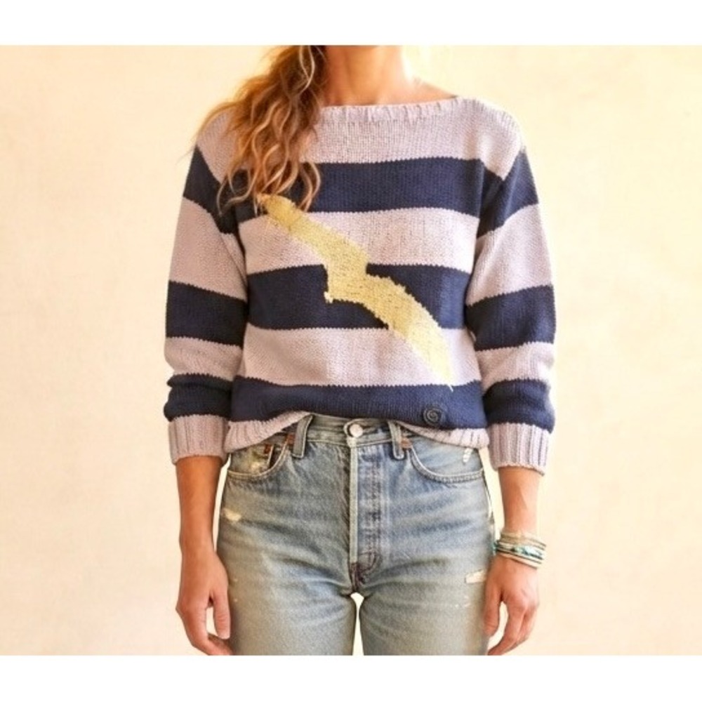 Vintage Gucci Navy Lilac Size Medium Lightning Bolt Stripe Boat Neck Sweater